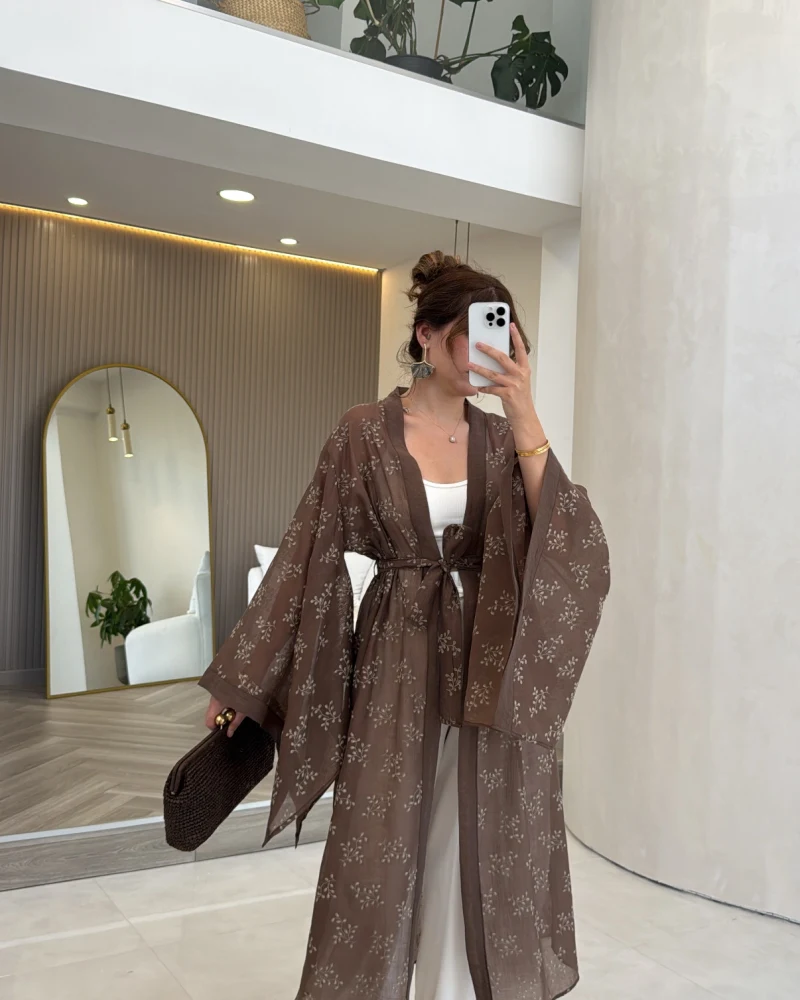 Kuşaklı Nakış İşlemeli Kimono - Kahve - Kod: 5097