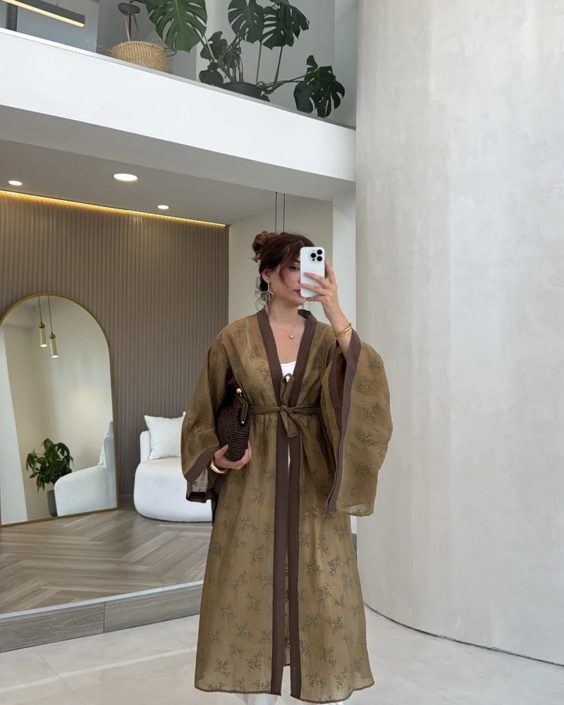 Kuşaklı Nakış İşlemeli Kimono - Olive - Kod: 5097