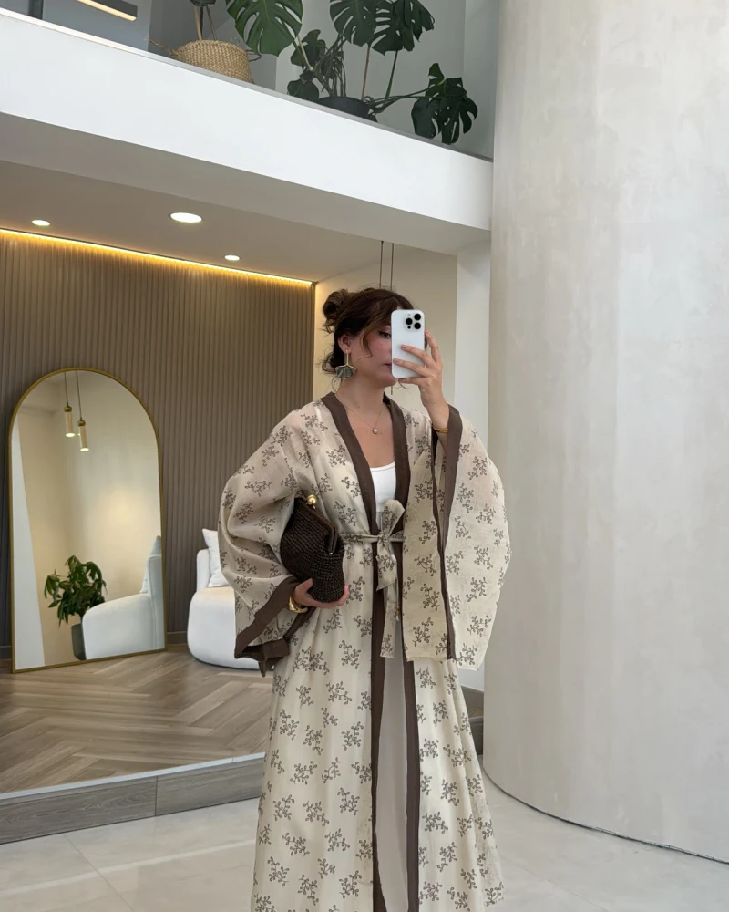 Kuşaklı Nakış İşlemeli Kimono - Taş - Kod: 5097