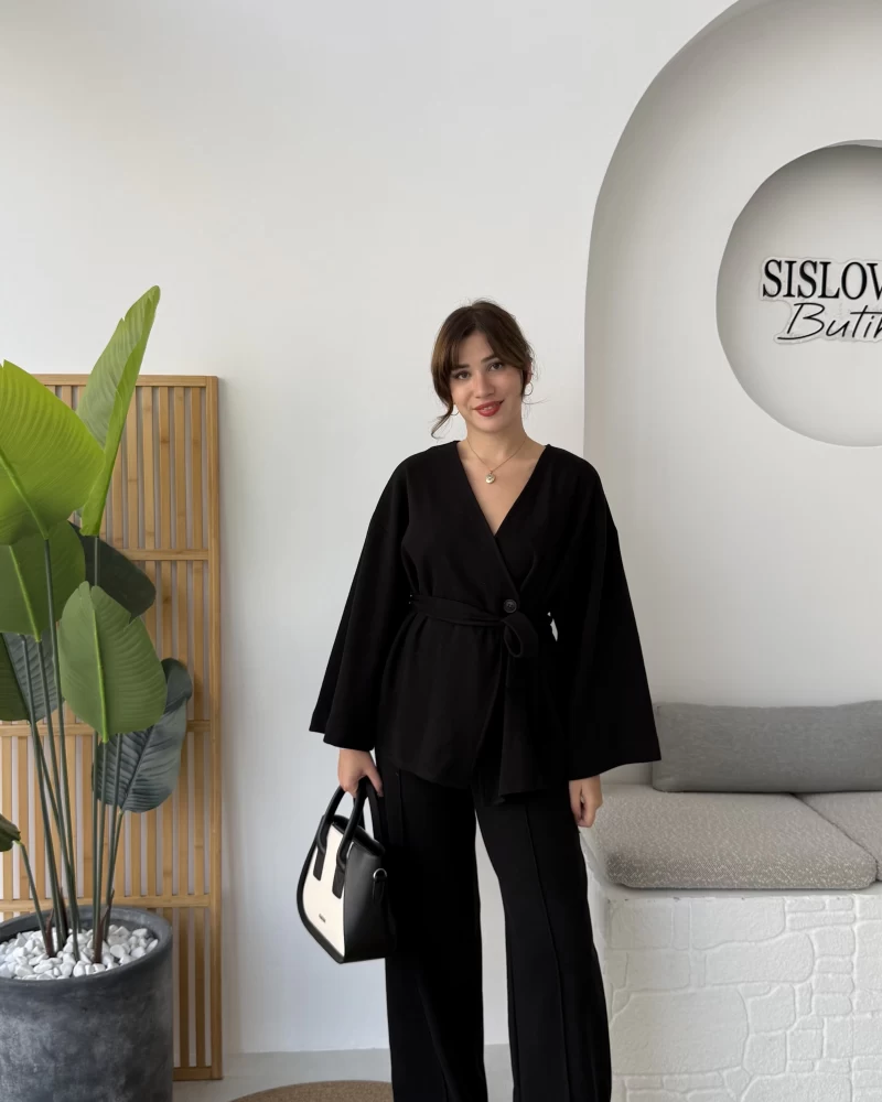 Kuşaklı Nervür Dikişli Örme Takım - Siyah - Kod: 8839