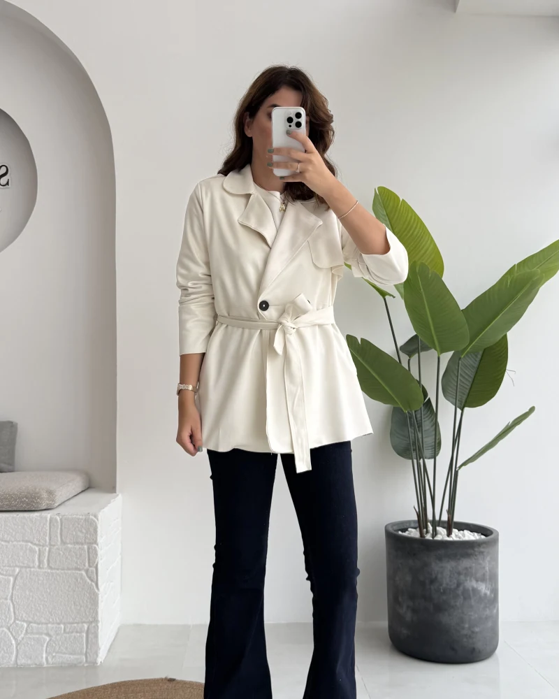 Kuşaklı Süet Trençkot - Kırık Beyaz