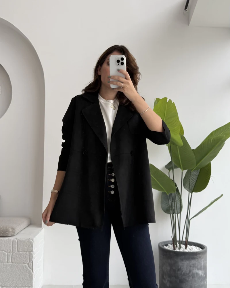 Kuşaklı Süet Trençkot - Siyah