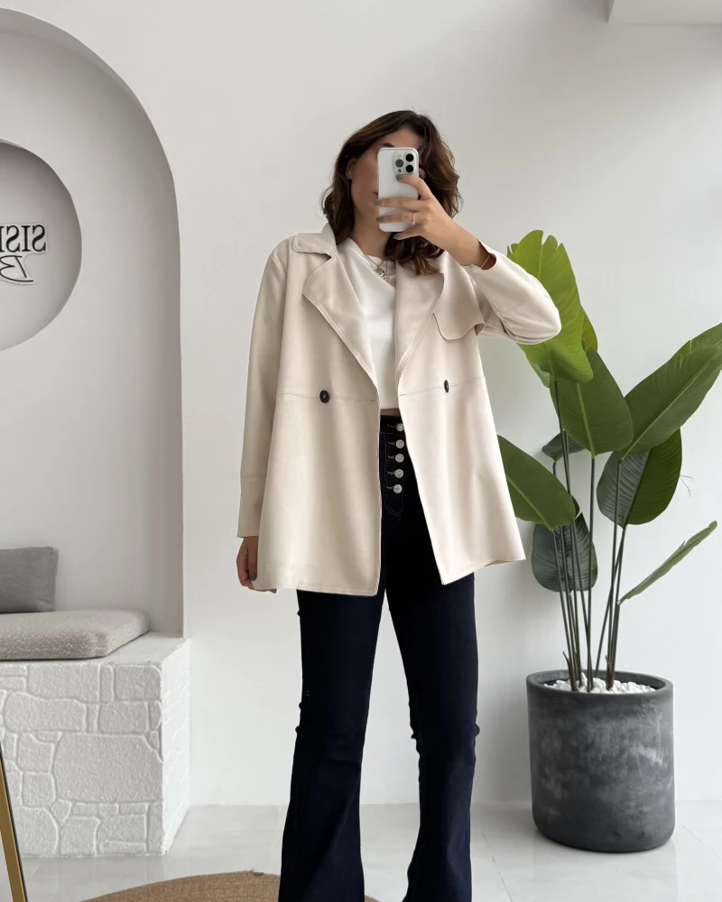 Kuşaklı Süet Trençkot - Taş