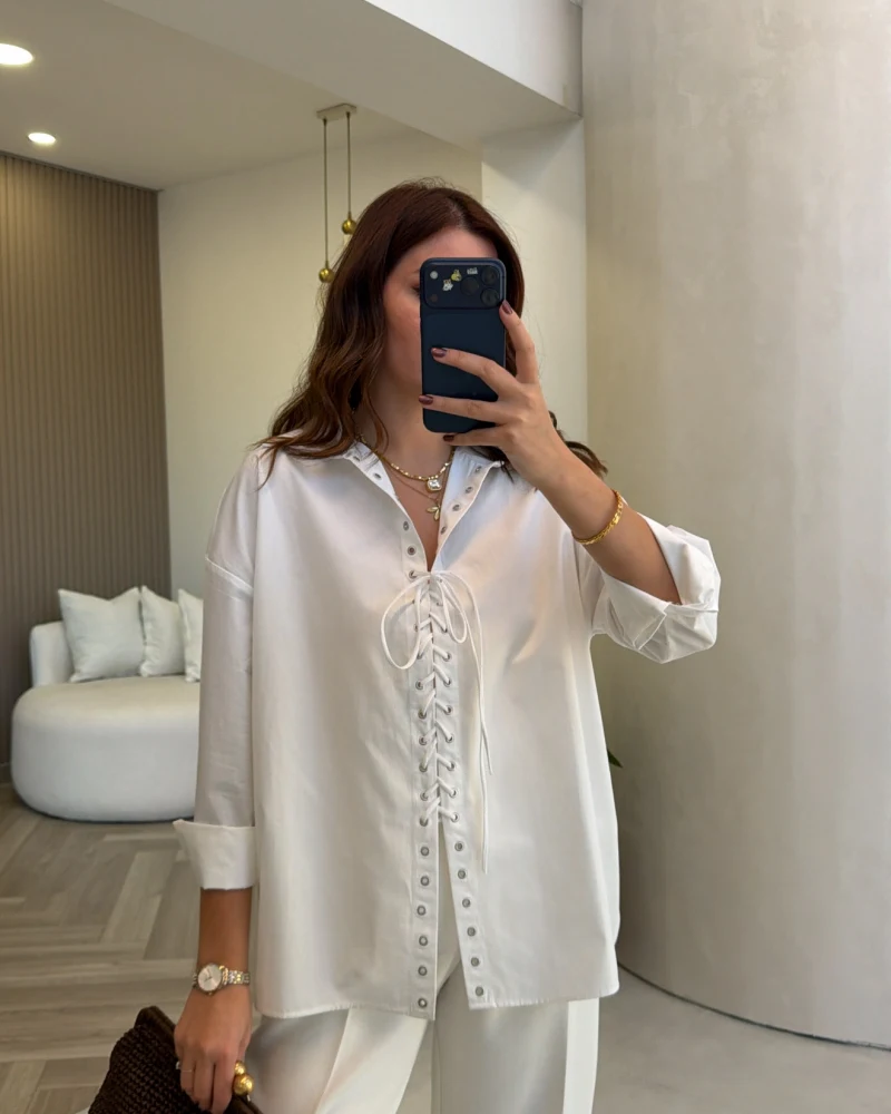 Kuşgözü Oversize Gömlek - Beyaz - Kod: 5157