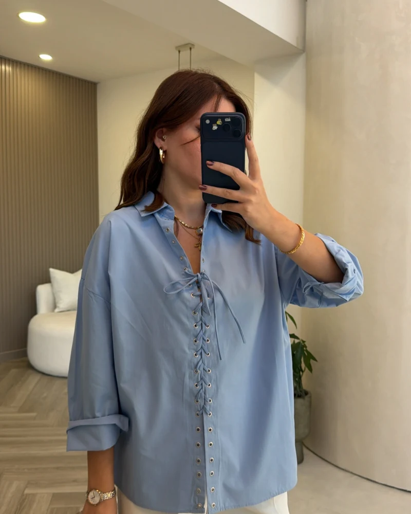 Kuşgözü Oversize Gömlek - Mavi - Kod: 5157