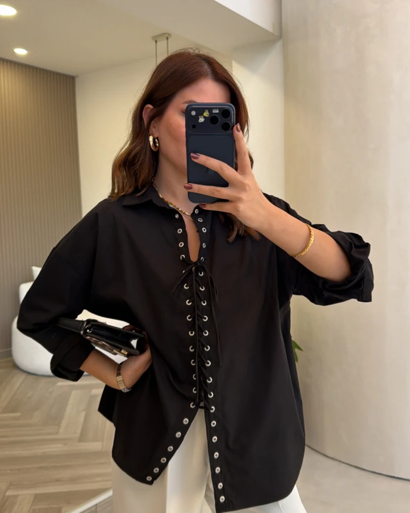 Kuşgözü Oversize Gömlek - Siyah - Kod: 5157