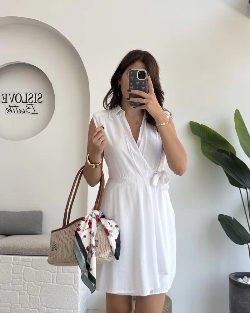 Laura Vatkalı Bürümcük Elbise - Beyaz - 6021