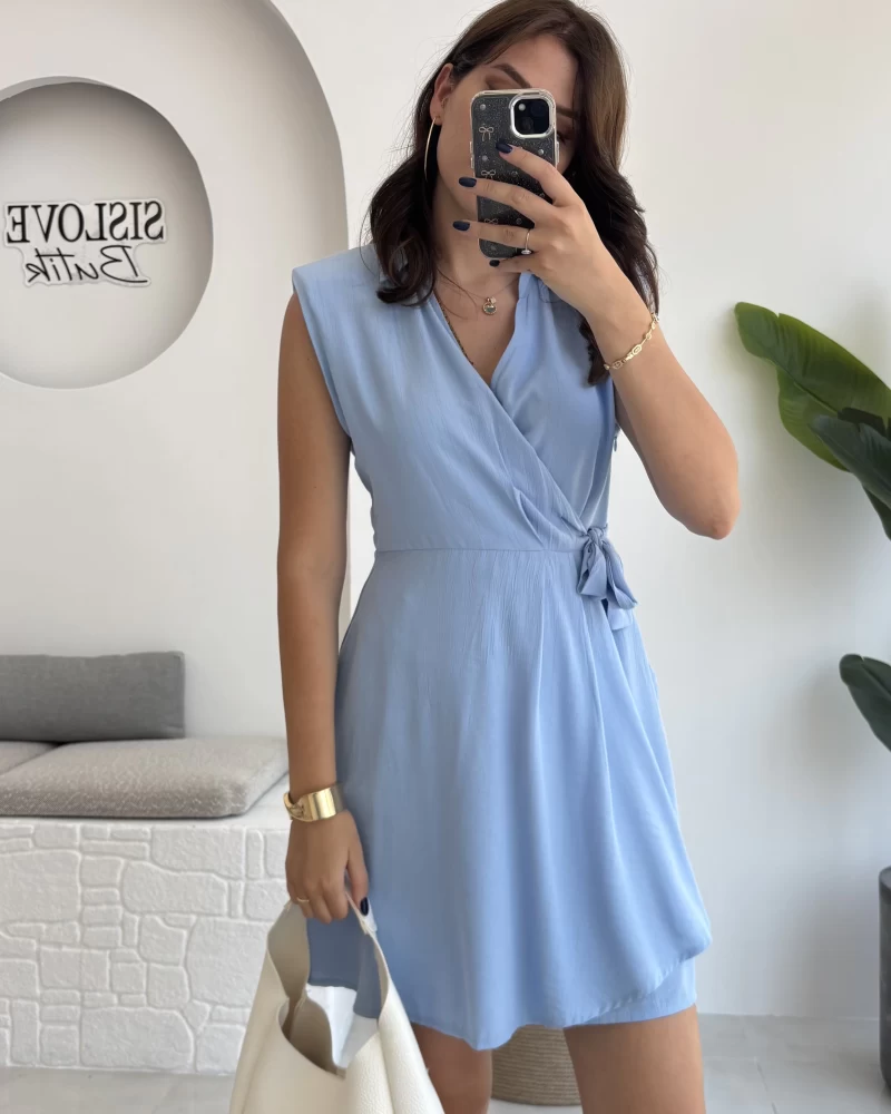 Laura Vatkalı Bürümcük Elbise - Mavi - 6021