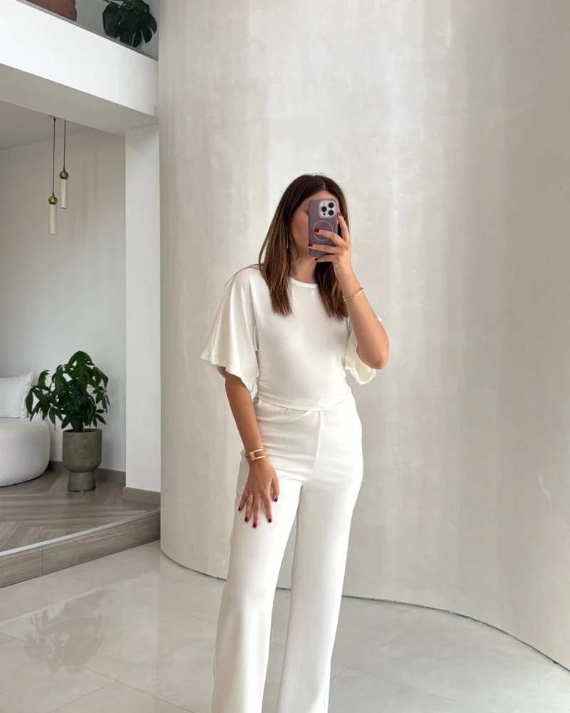 Lena Simli Modal Crop Takım - Ekru - Kod: 4162