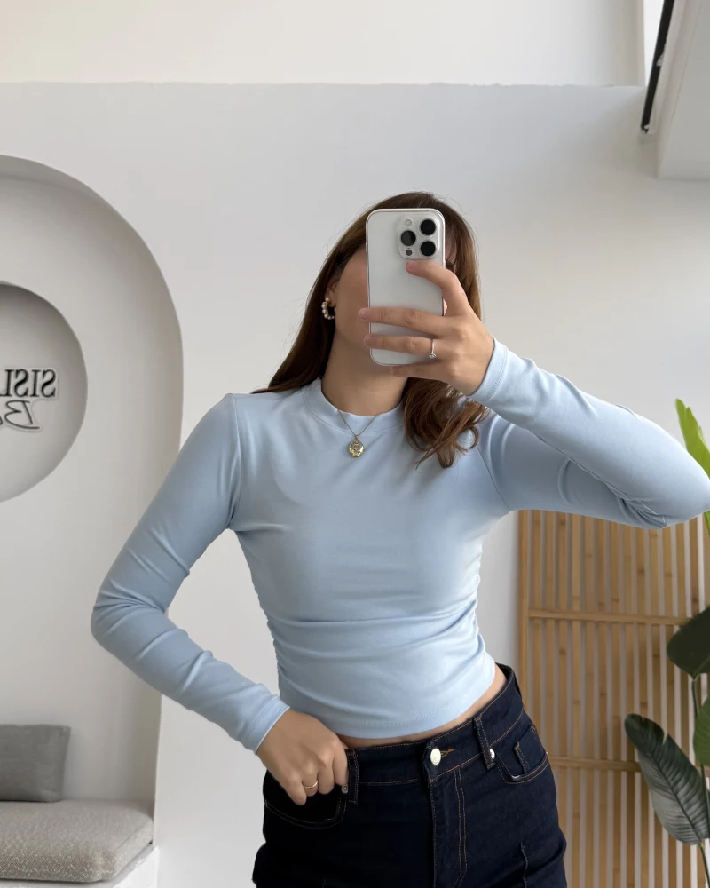 Lena Yanı Büzgülü Likralı Bluz - Bebe Mavisi