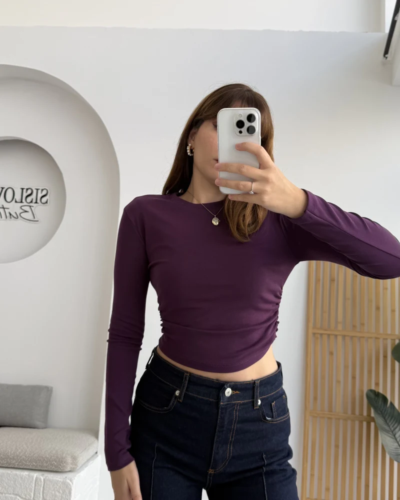 Lena Yanı Büzgülü Likralı Bluz - Mor