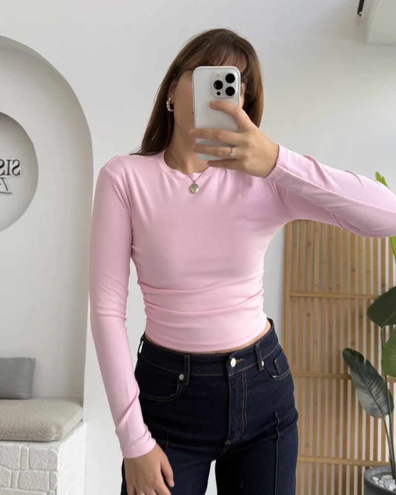 Lena Yanı Büzgülü Likralı Bluz - Pembe