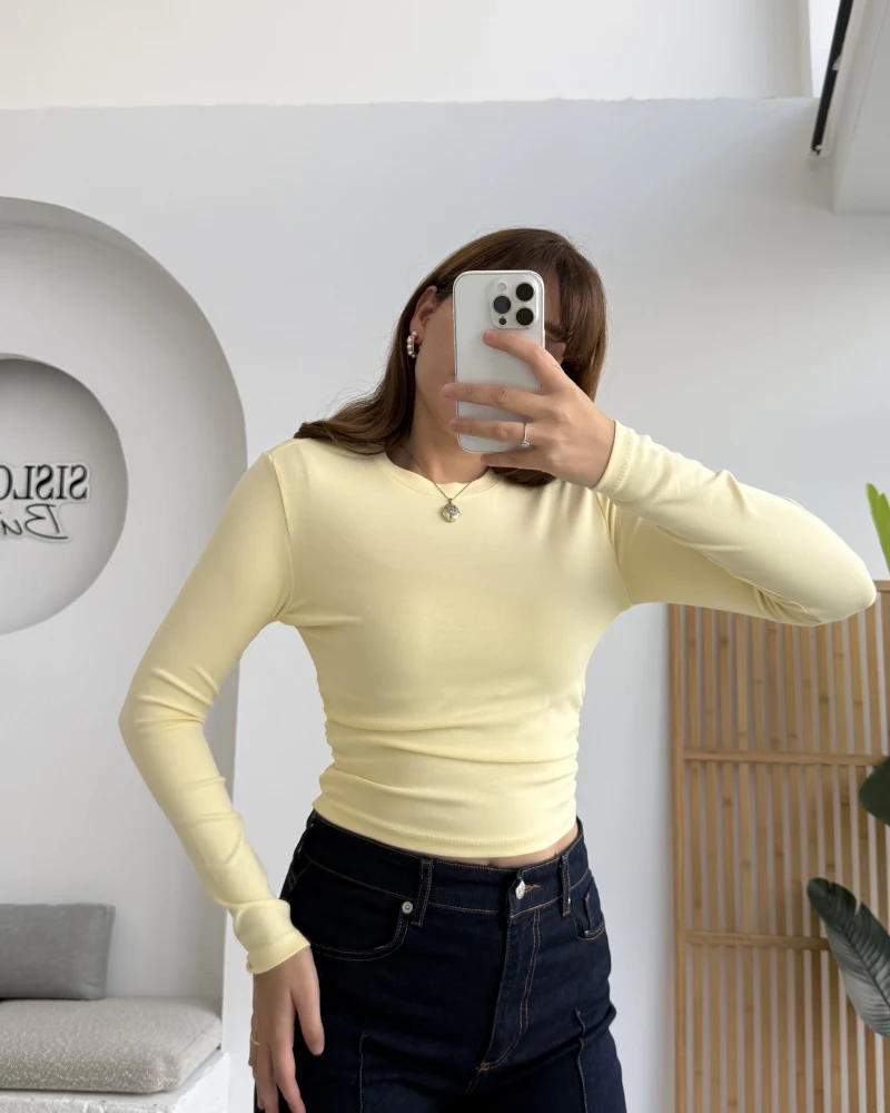 Lena Yanı Büzgülü Likralı Bluz - Sarı