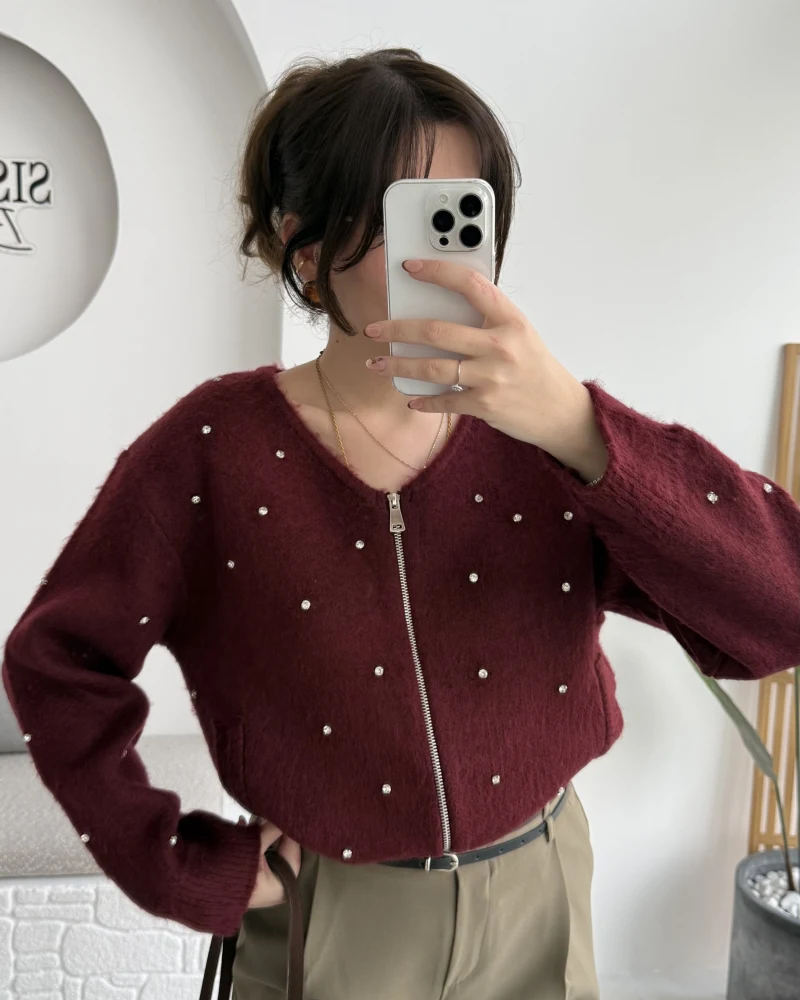 Leya Taşlı Hırka - Bordo - Kod: 4514