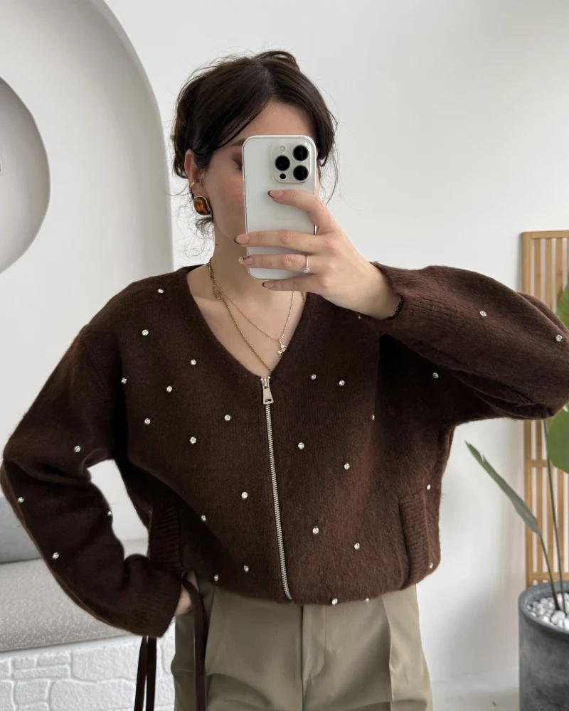 Leya Taşlı Hırka - Kahverengi - Kod: 4514