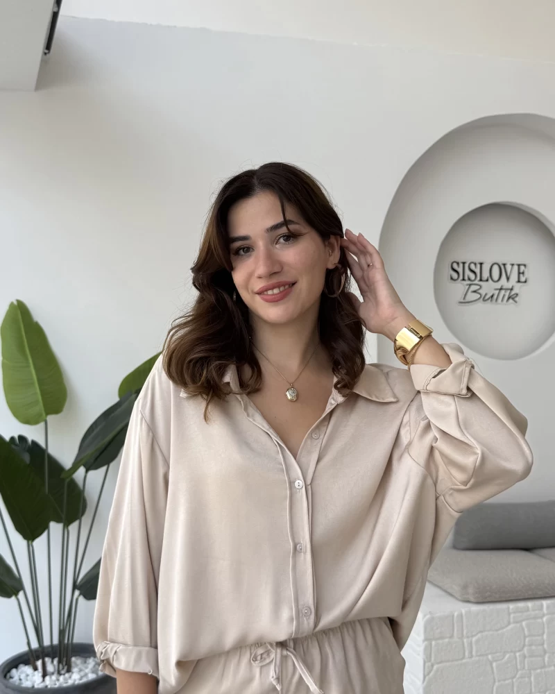 Lida Saten Gömlek Pantolon Takım - Vizon - Kod: 6022