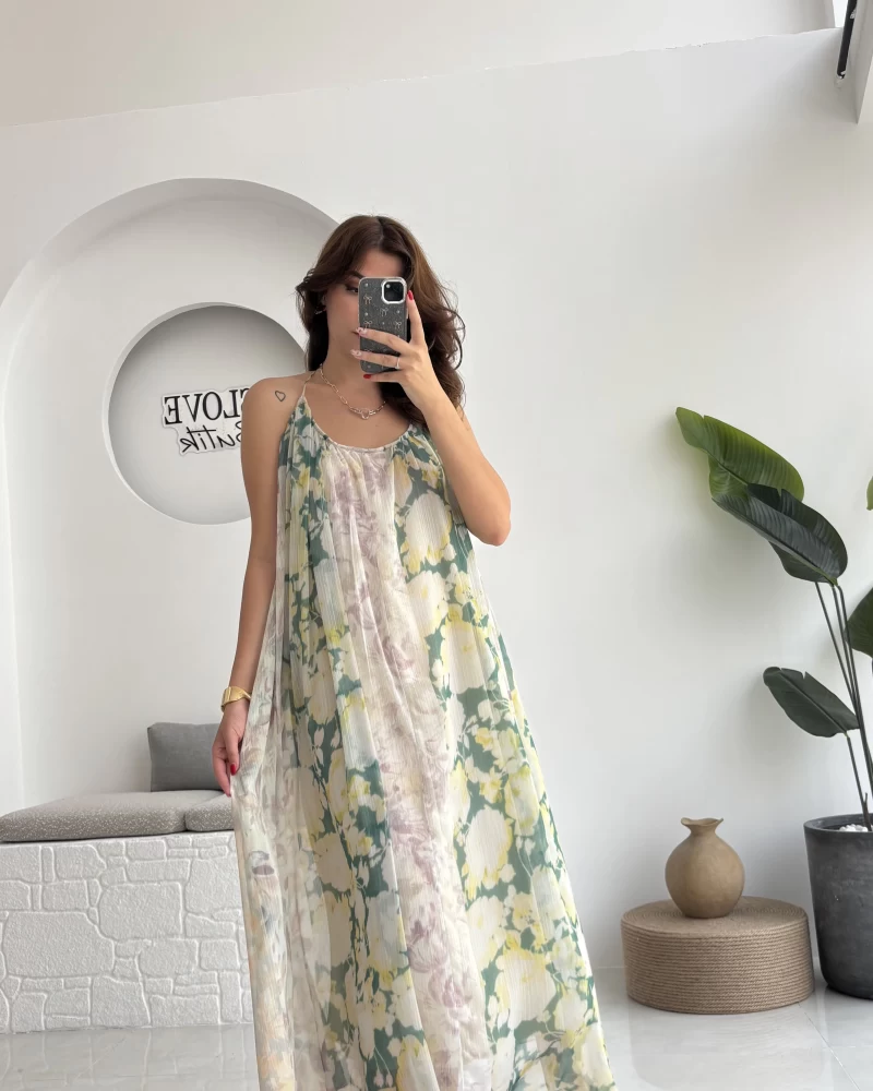 Lime Askılı Dökümlü Elbise - Koyu Ton 2 - 3321