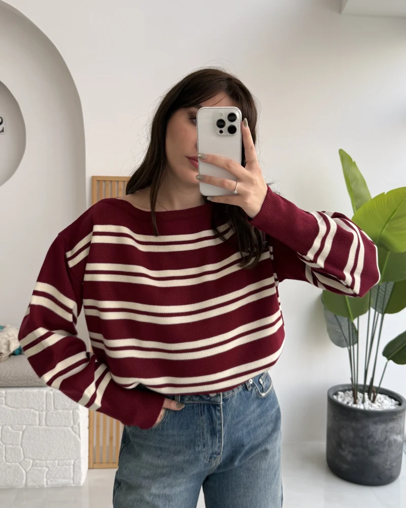 Liora Kayık Yaka Çizgili Kazak - Bordo