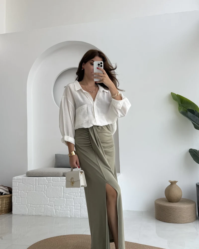 Lotus Yırtmaçlı Büzgülü Etek - Haki - 3345