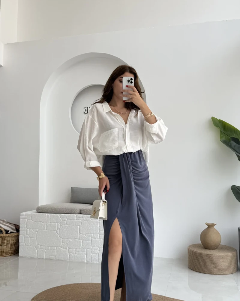 Lotus Yırtmaçlı Büzgülü Etek - İndigo - 3345