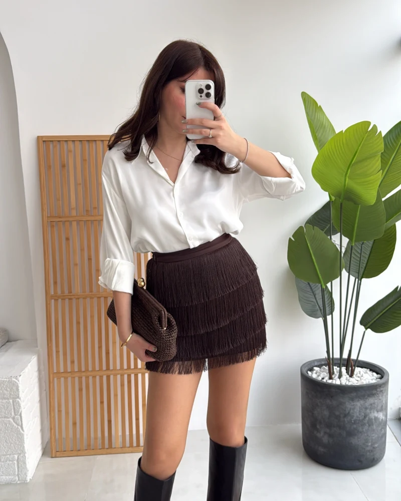 Louis Püsküllü Saten Etek - Acı Kahve - Kod: 3363