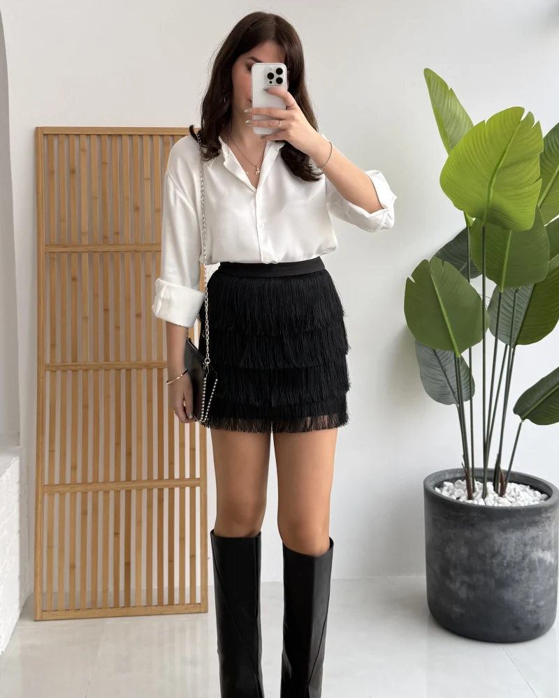 Louis Püsküllü Saten Etek - Siyah - Kod: 3363