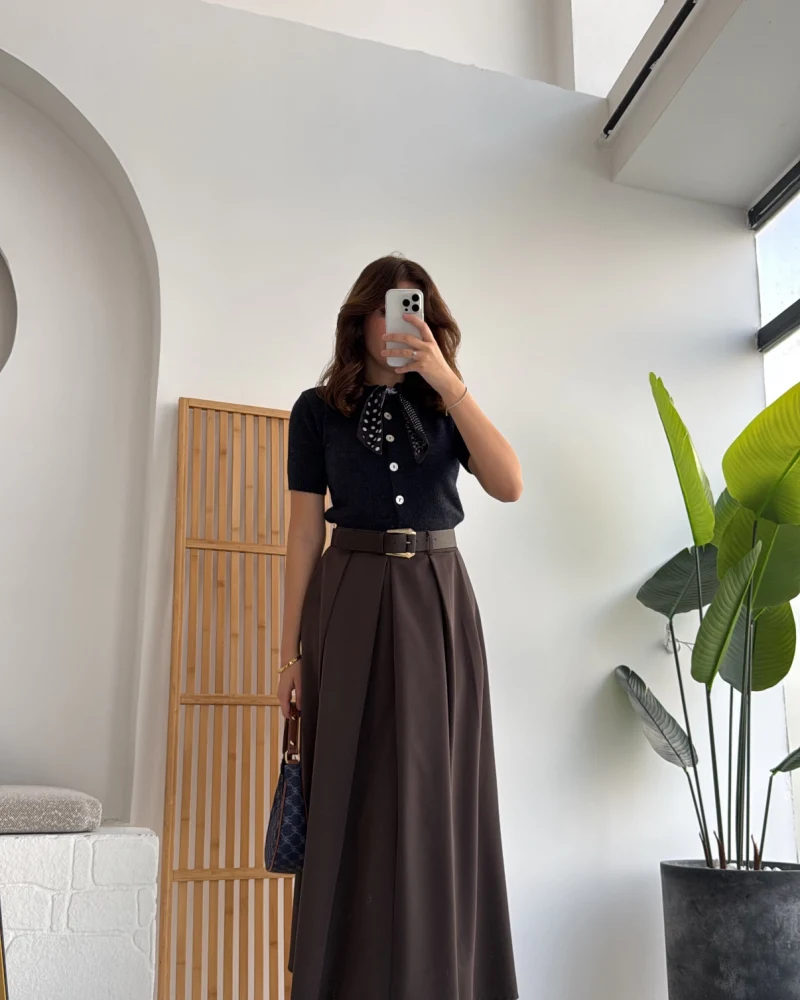 Lovelyy Poliviskon Kemerli Midi Etek - Koyu Kahve - Kod: 3360