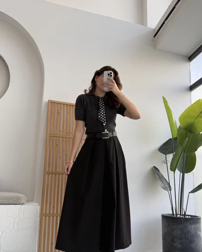 Lovely Poliviskon Kemerli Midi Etek - Siyah - Kod: 3360