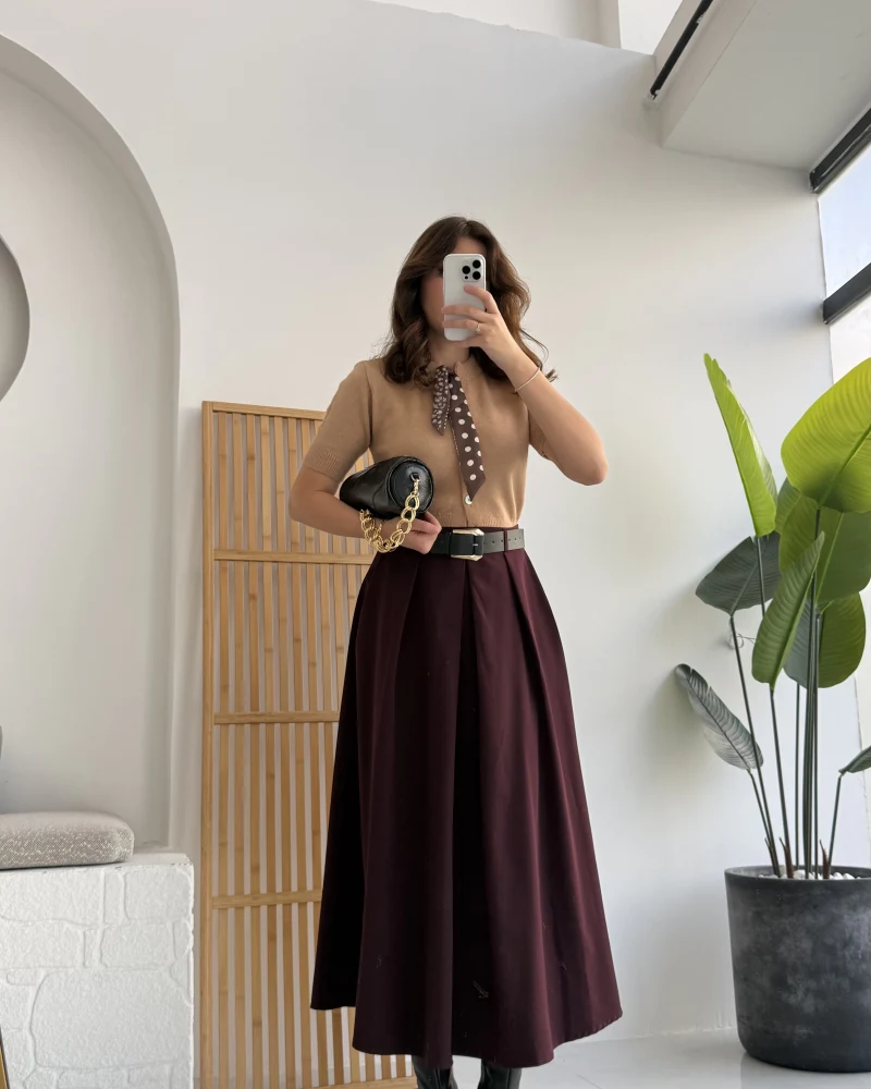Lovelyy Poliviskon Kemerli Midi Etek - Bordo - Kod: 3360