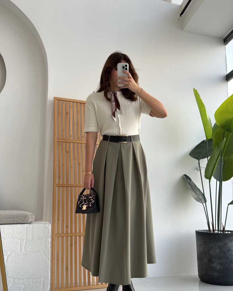 Lovelyy Poliviskon Kemerli Midi Etek - Haki - Kod: 3360