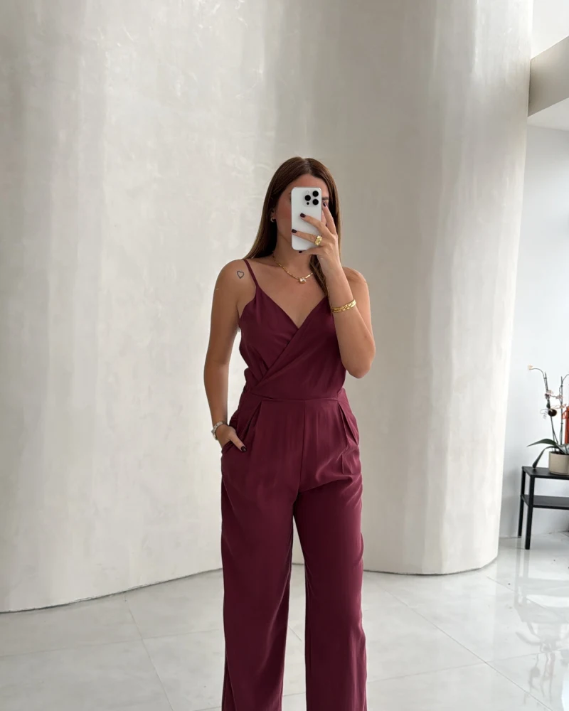 Luena Beli Lastikli Askılı Tulum - Bordo - Kod: 580976