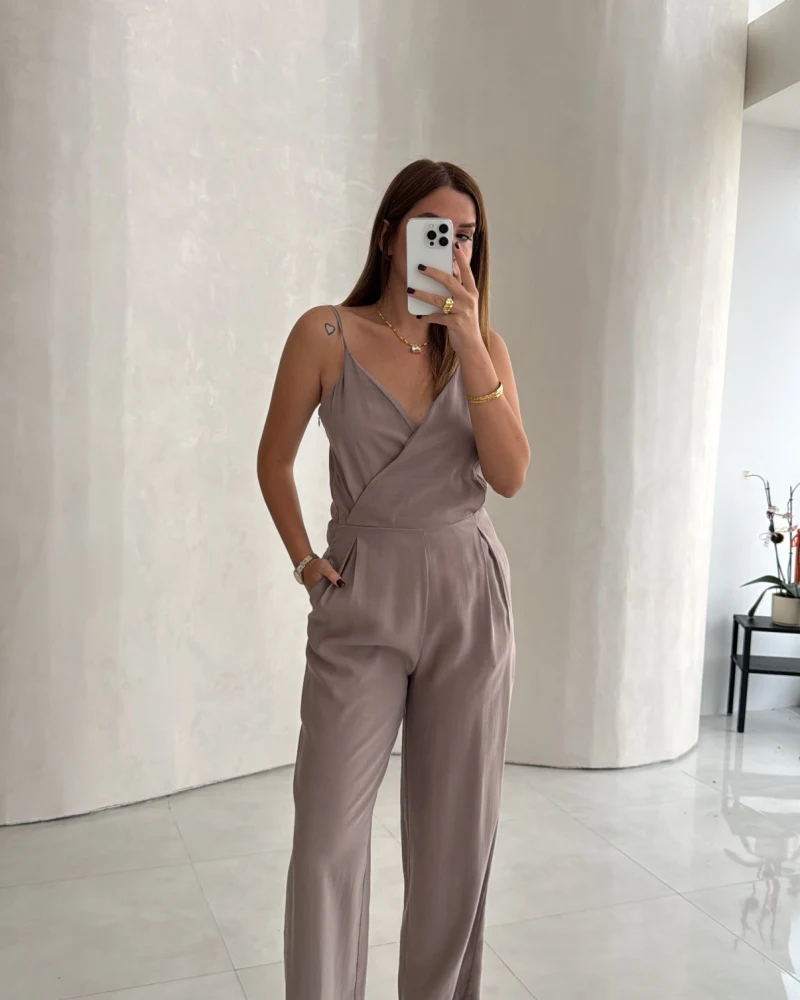 Luena Beli Lastikli Askılı Tulum - Vizon - Kod: 580976