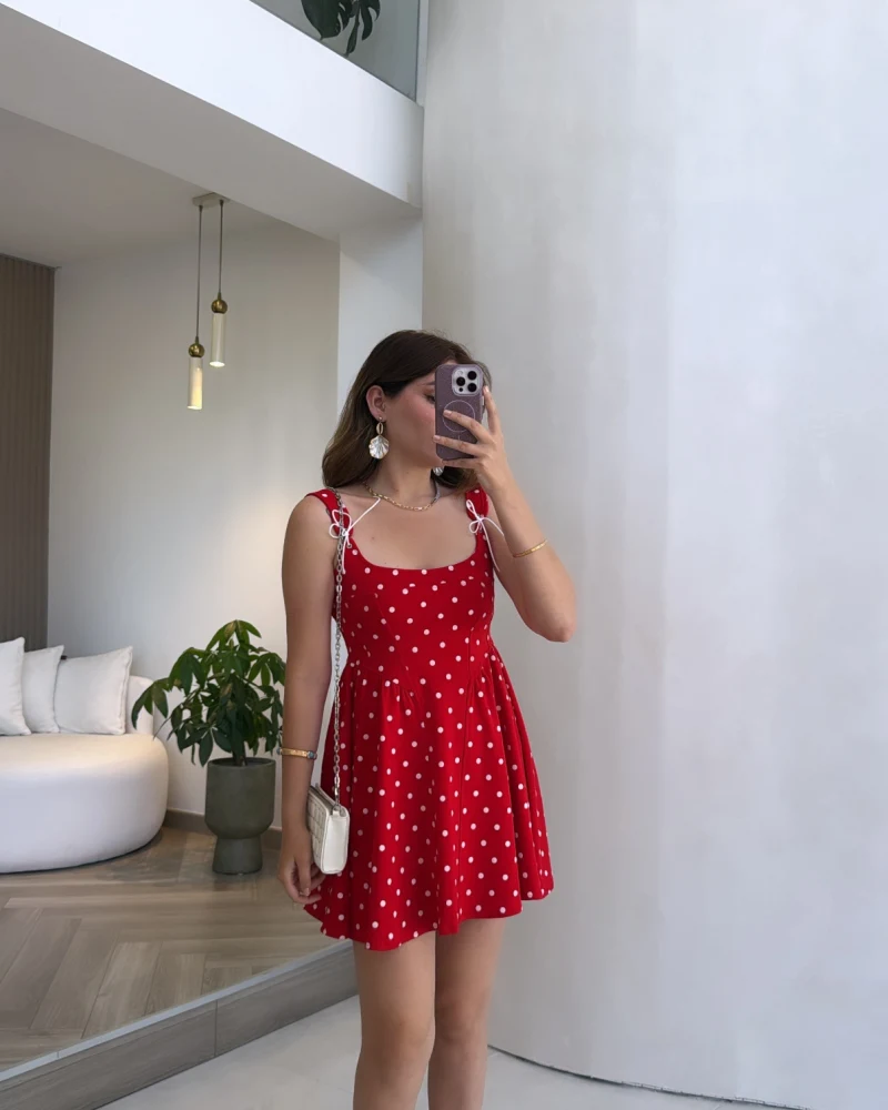 Luena Puantiye Desenli Askılı Mini Elbise - Kırmızı - Kod: 4154