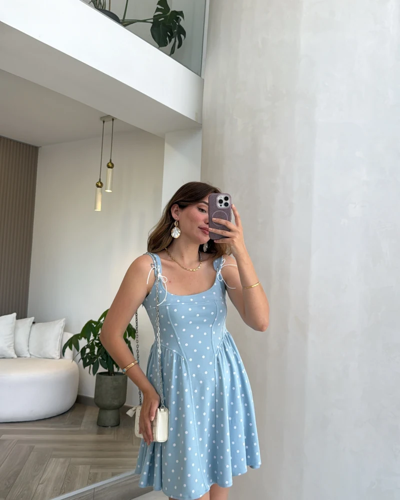 Luena Puantiye Desenli Askılı Mini Elbise - Mavi - Kod: 4154