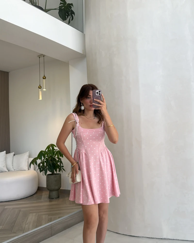Luena Puantiye Desenli Askılı Mini Elbise - Pembe - Kod: 4154