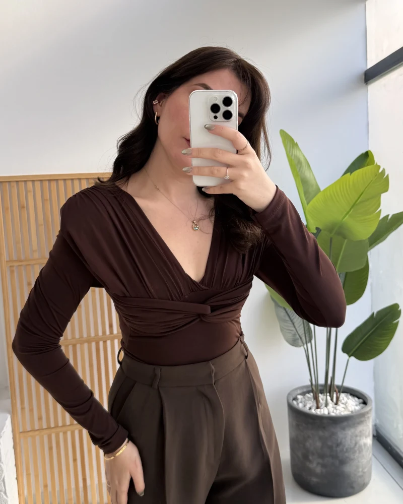 Lydia Vatkalı Önden Büzgülü Bluz - Acı Kahve