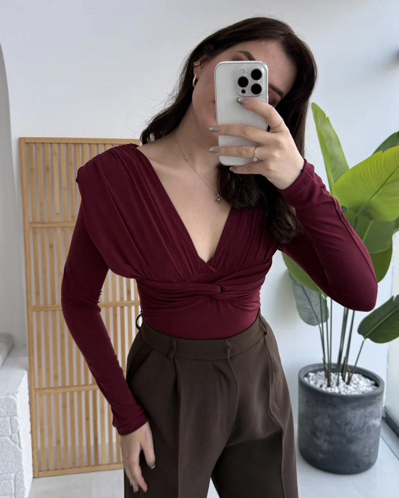 Lydia Vatkalı Önden Büzgülü Bluz - Bordo