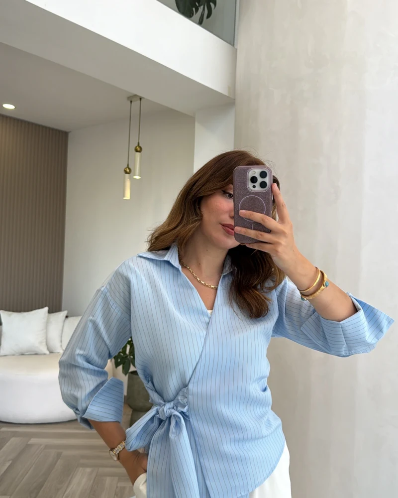 Lyssa Bağlamalı Çizgili Bluz - Mavi - Kod: 1089