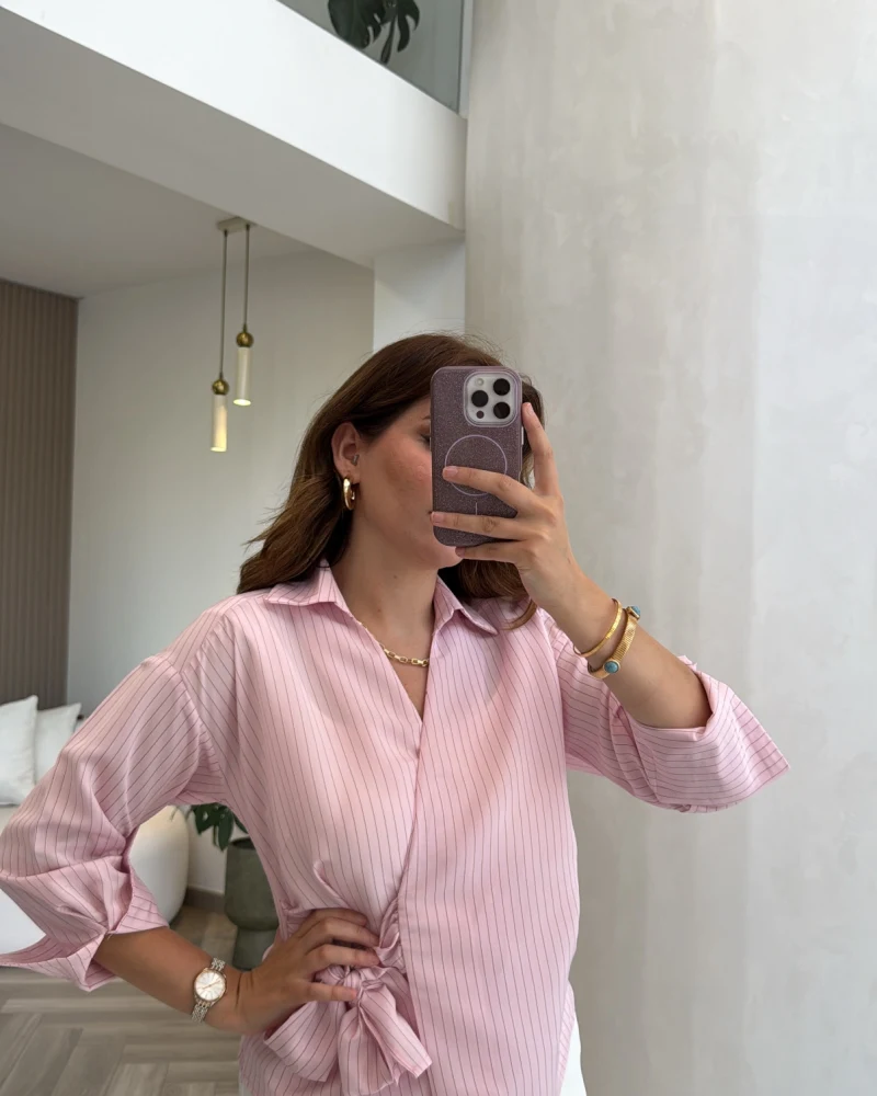 Lyssa Bağlamalı Çizgili Bluz - Pembe - Kod: 1089