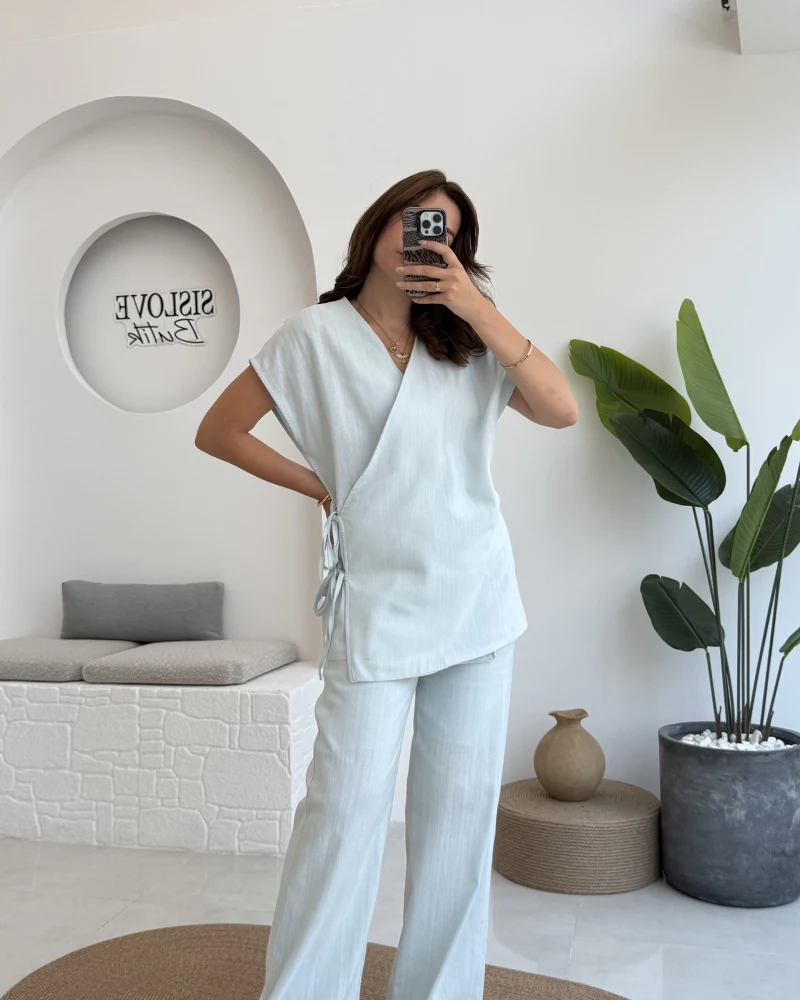 Madiya Keten Yandan Bağlamalı Takım Mavi