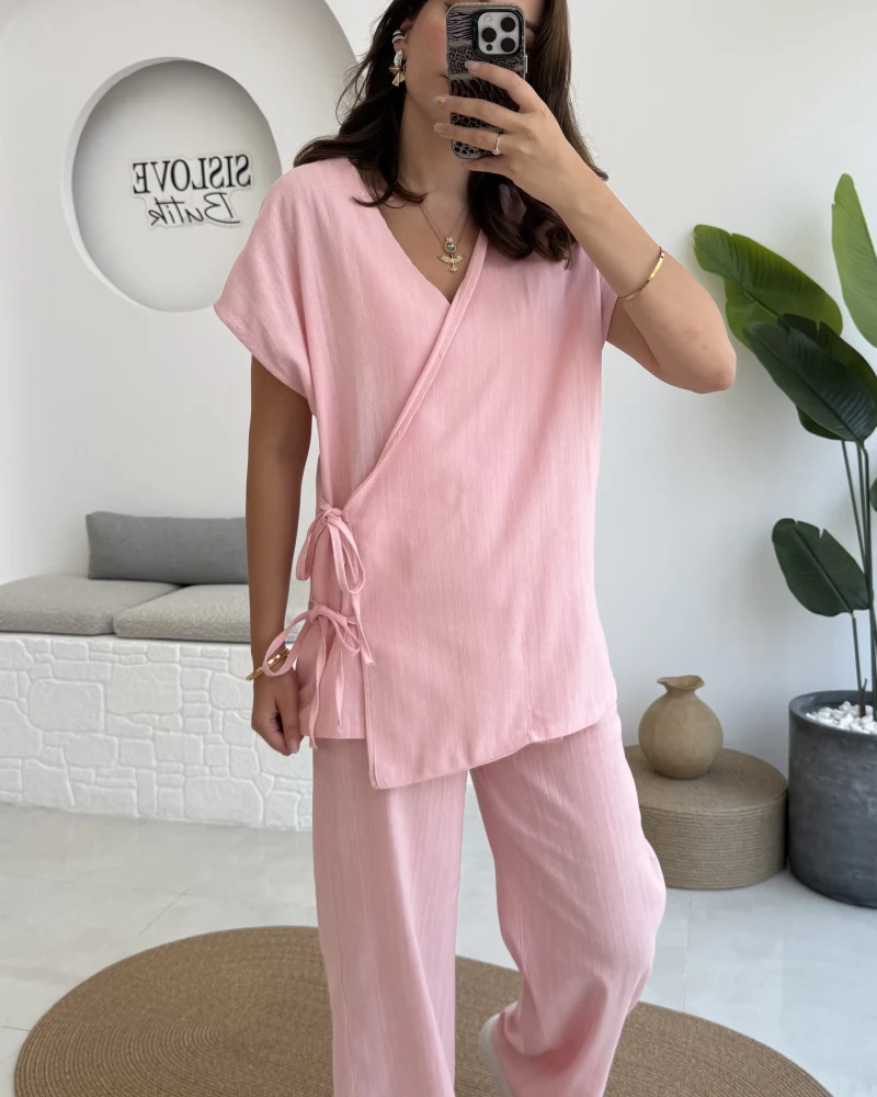 Madiya Keten Yandan Bağlamalı Takım Pembe