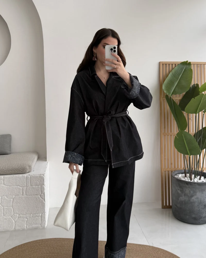 Maeve Kol Detay Kuşaklı Takım - Denim Mavisi - Kod: 8921