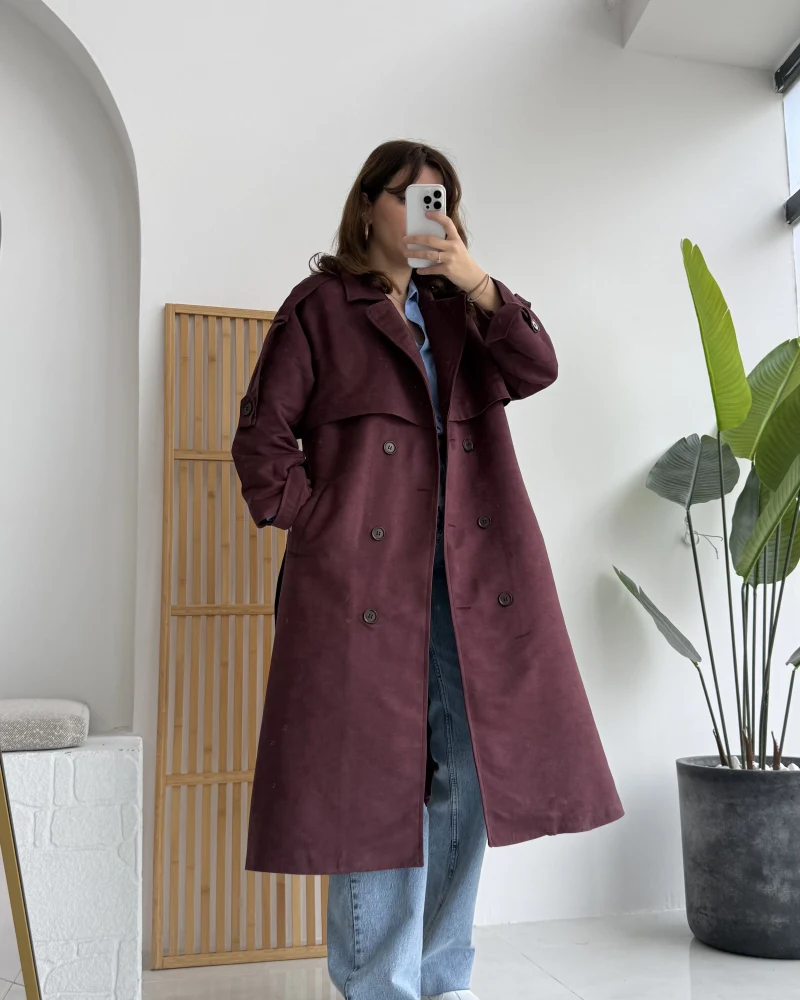 Maggie Kuşaklı Süet Kaban - Bordo - Kod: 7031