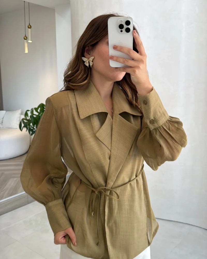 Maisie Vatkalı Transparan Bağlamalı Gömlek - Olive - Kod: 5029