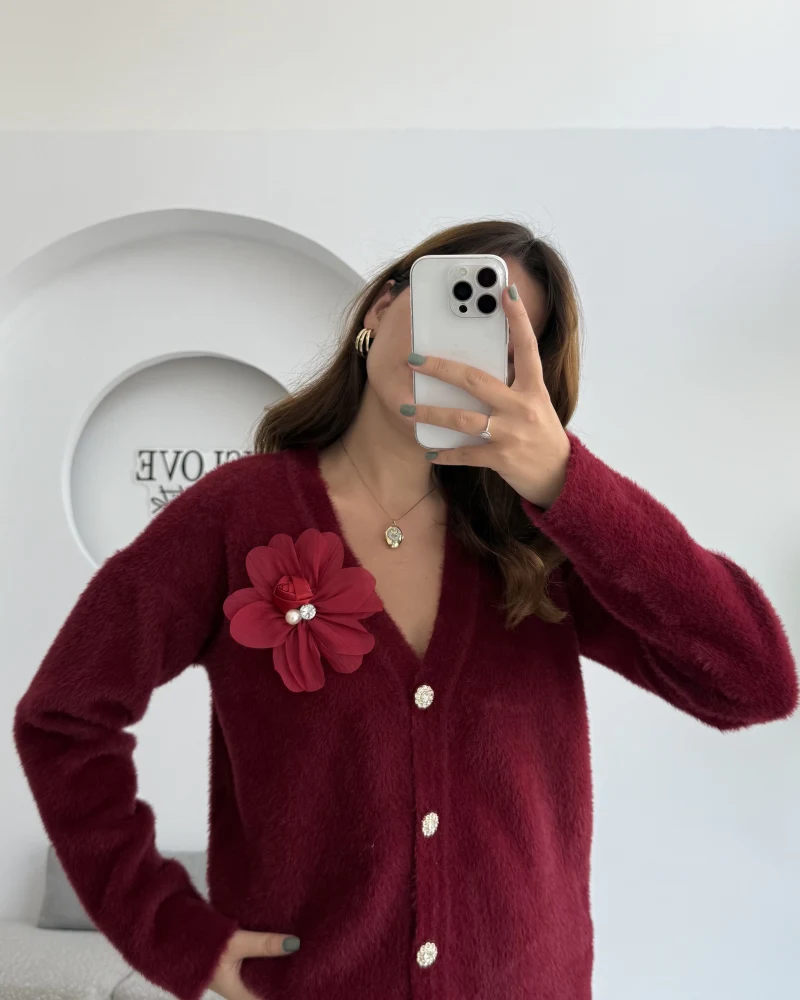 Mandy Çiçek Detay Hırka - Bordo - Kod: 25301