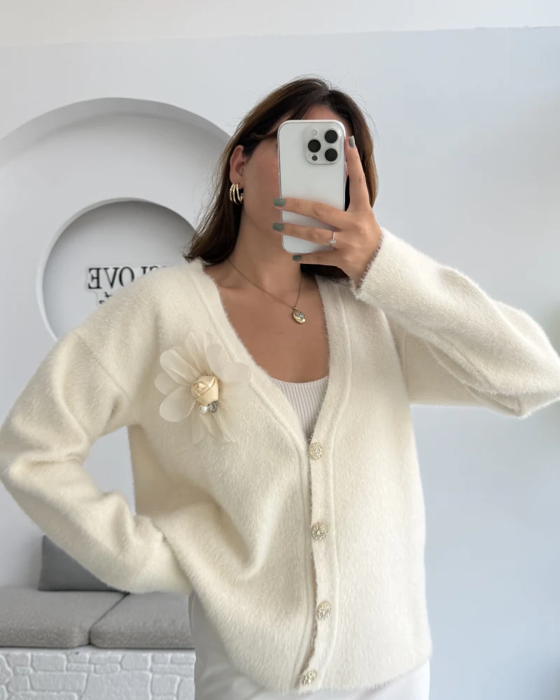 Mandy Çiçek Detay Hırka - Ekru - Kod: 25301