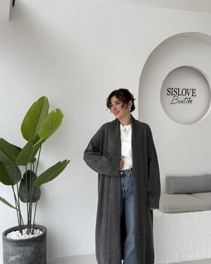 Manon Uzun Triko Hırka - Antrasit - Kod: 25504