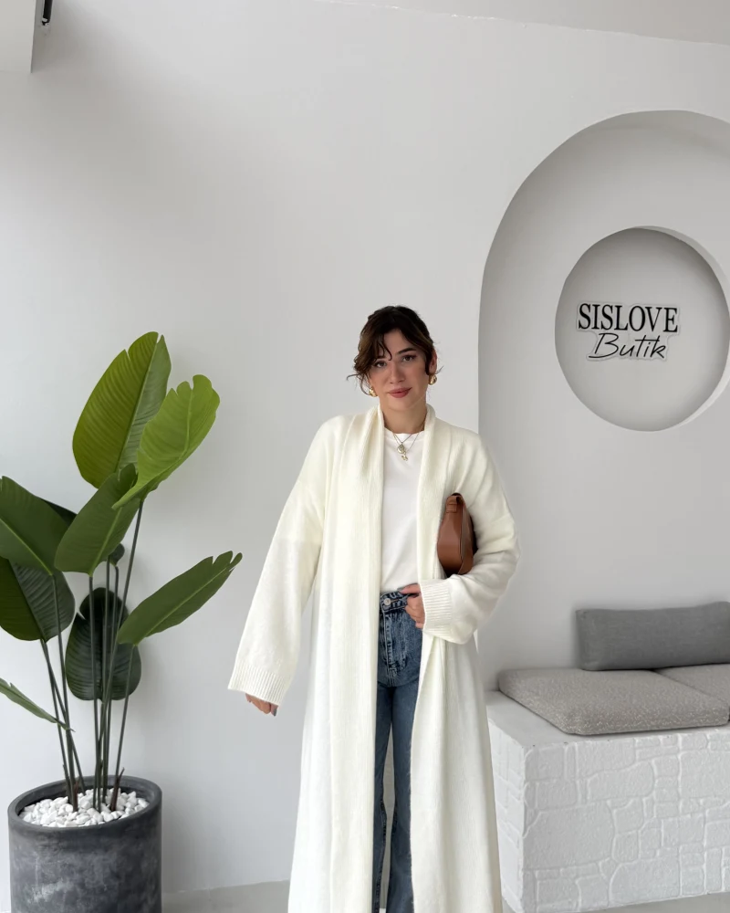 Manon Uzun Triko Hırka - Kırık Beyaz - Kod: 25504