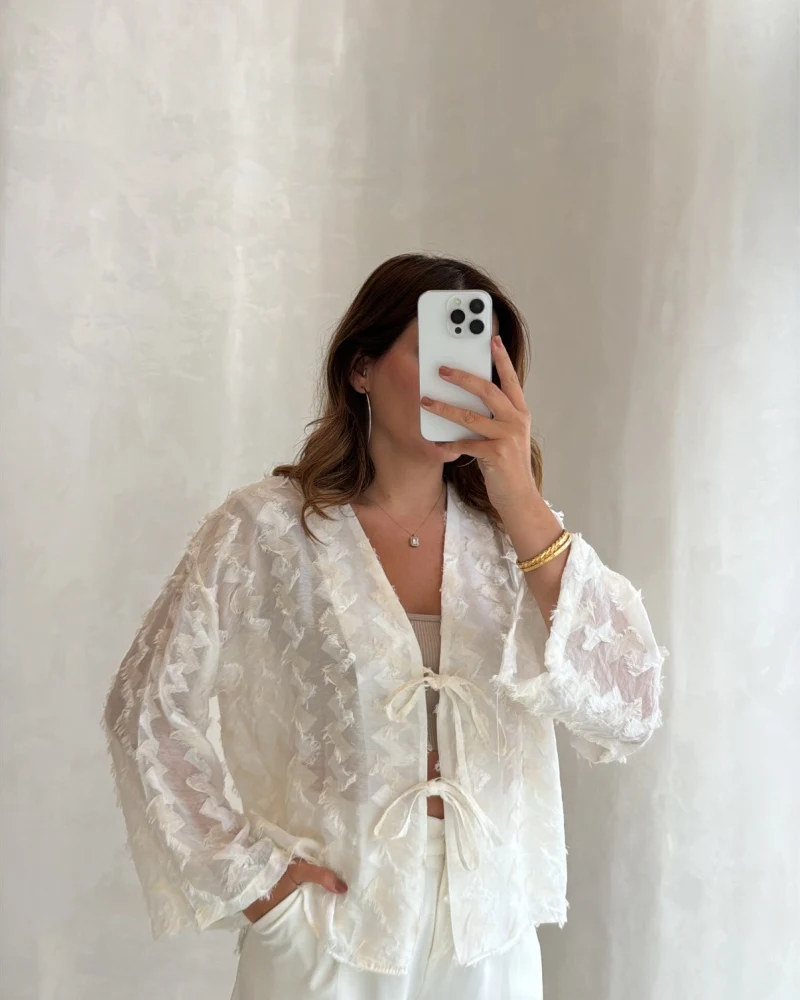 Maria Püskül Şeritli Kimono - Ekru - Kod: 7049