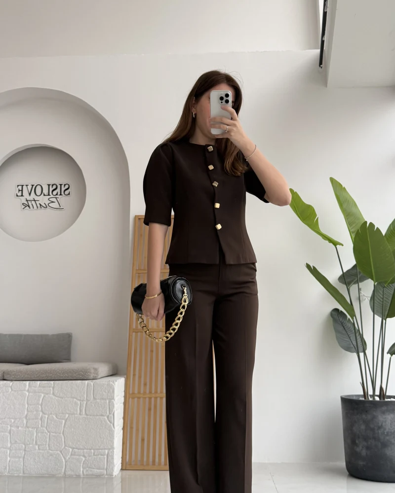 Maribel Düğme Detaylı Yelek Takım - Acı Kahve - Kod: 8809